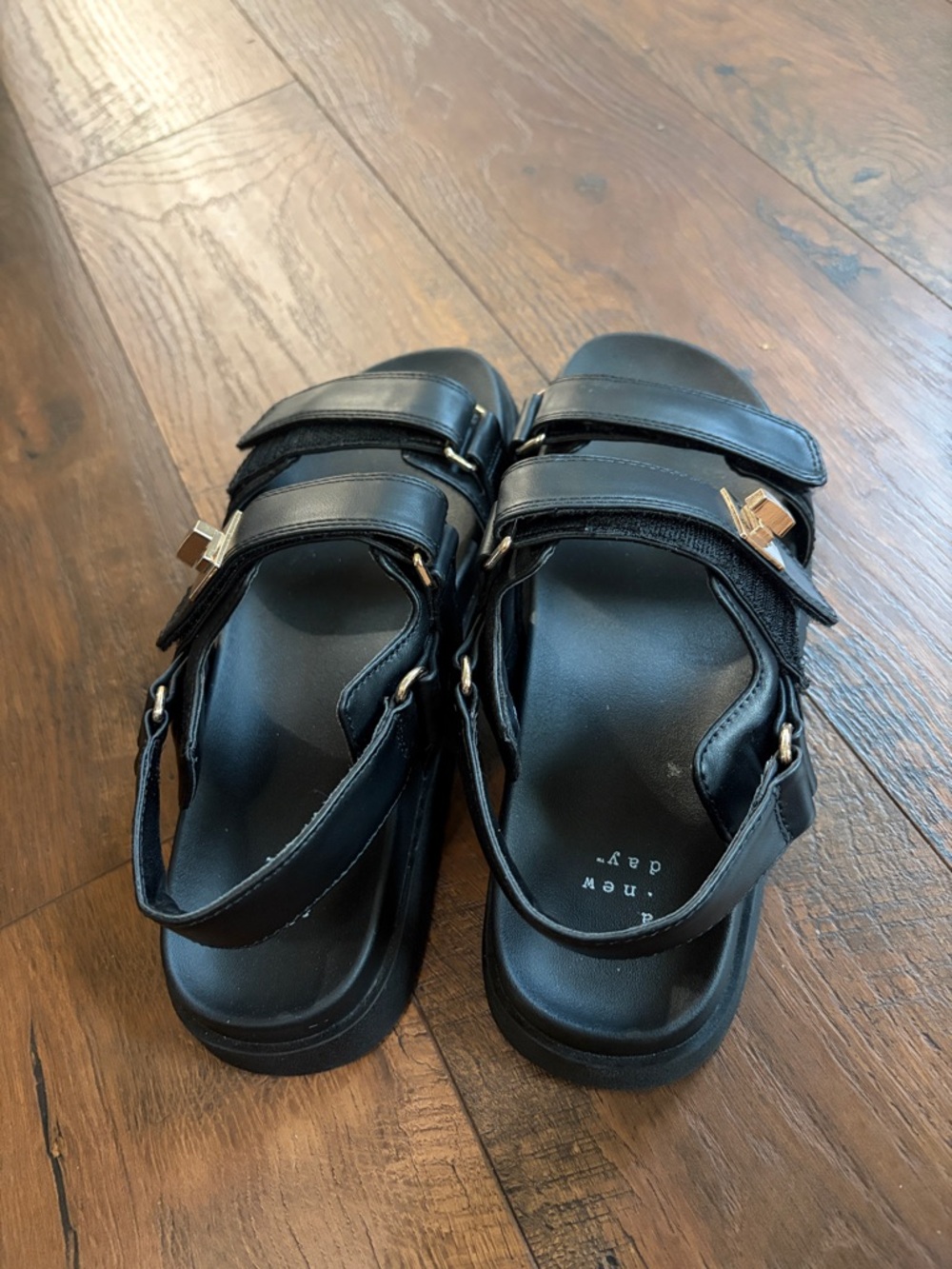 a new day Black Leather Strap Sandals with Gold Buckle - Picture 3 of 4